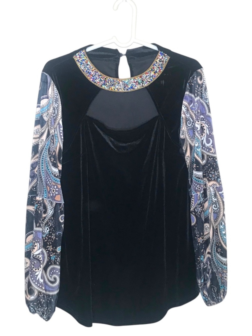 Velvet Embellished Blouse M Sheer Paisley Sleeves Luxe Statement Top